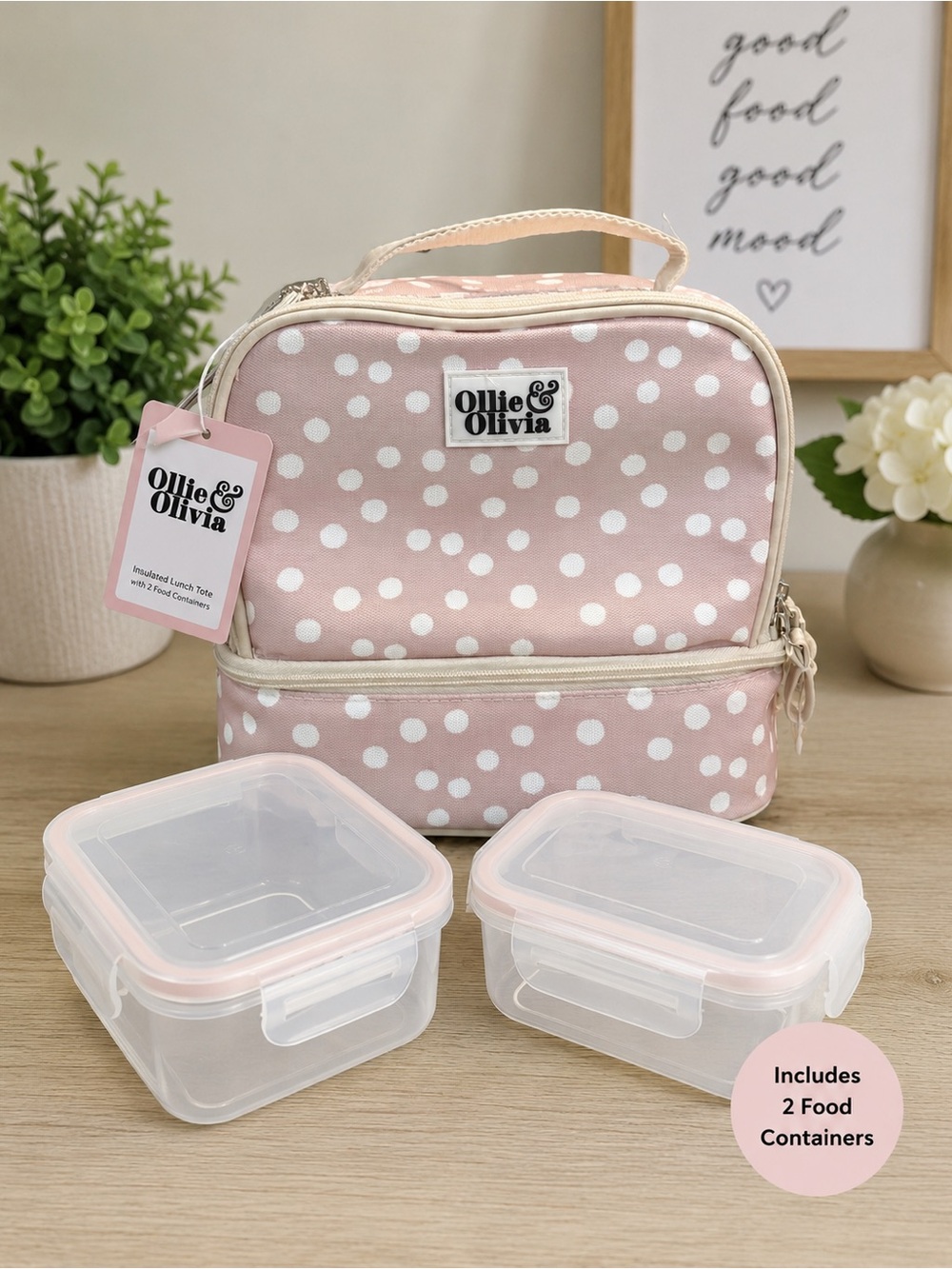 Ollie & Olivia Insulated Lunch Tote w/ 2 Food Containers NWT Pink Polka Dot